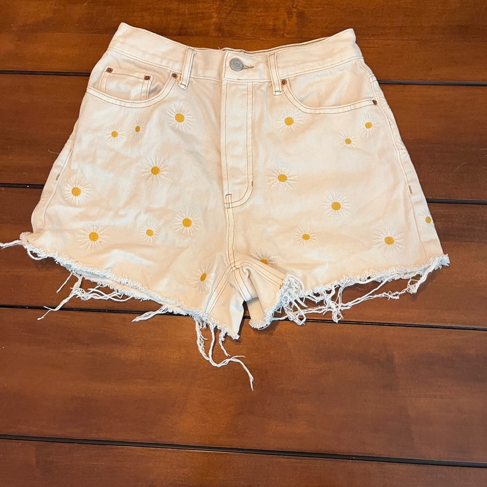 PacSun Tan Jean Shorts with Yellow Daisy Embroidery